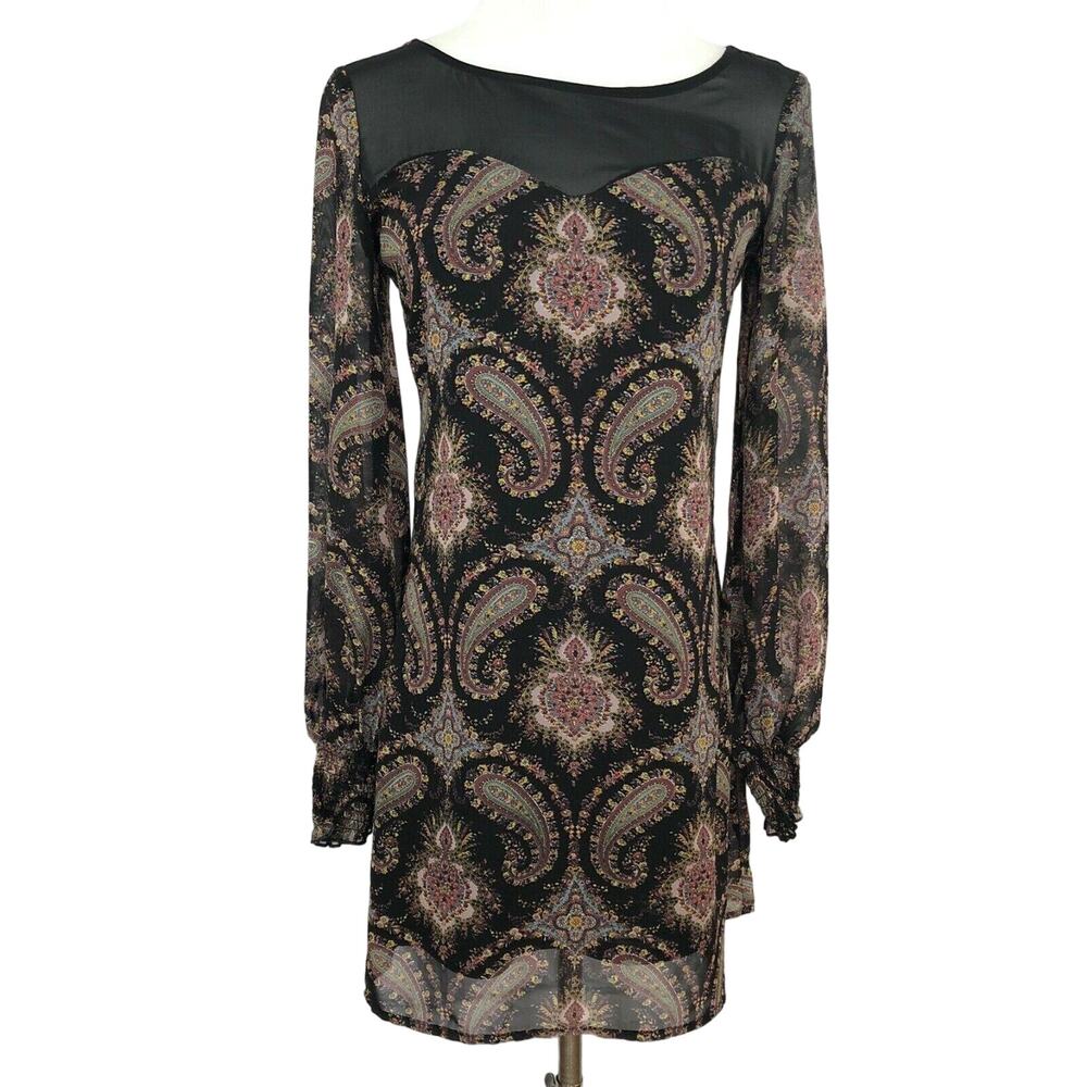 Xhilaration Chiffon Shift Dress Above Knee Boat Neck Long Sleeves Size XS
